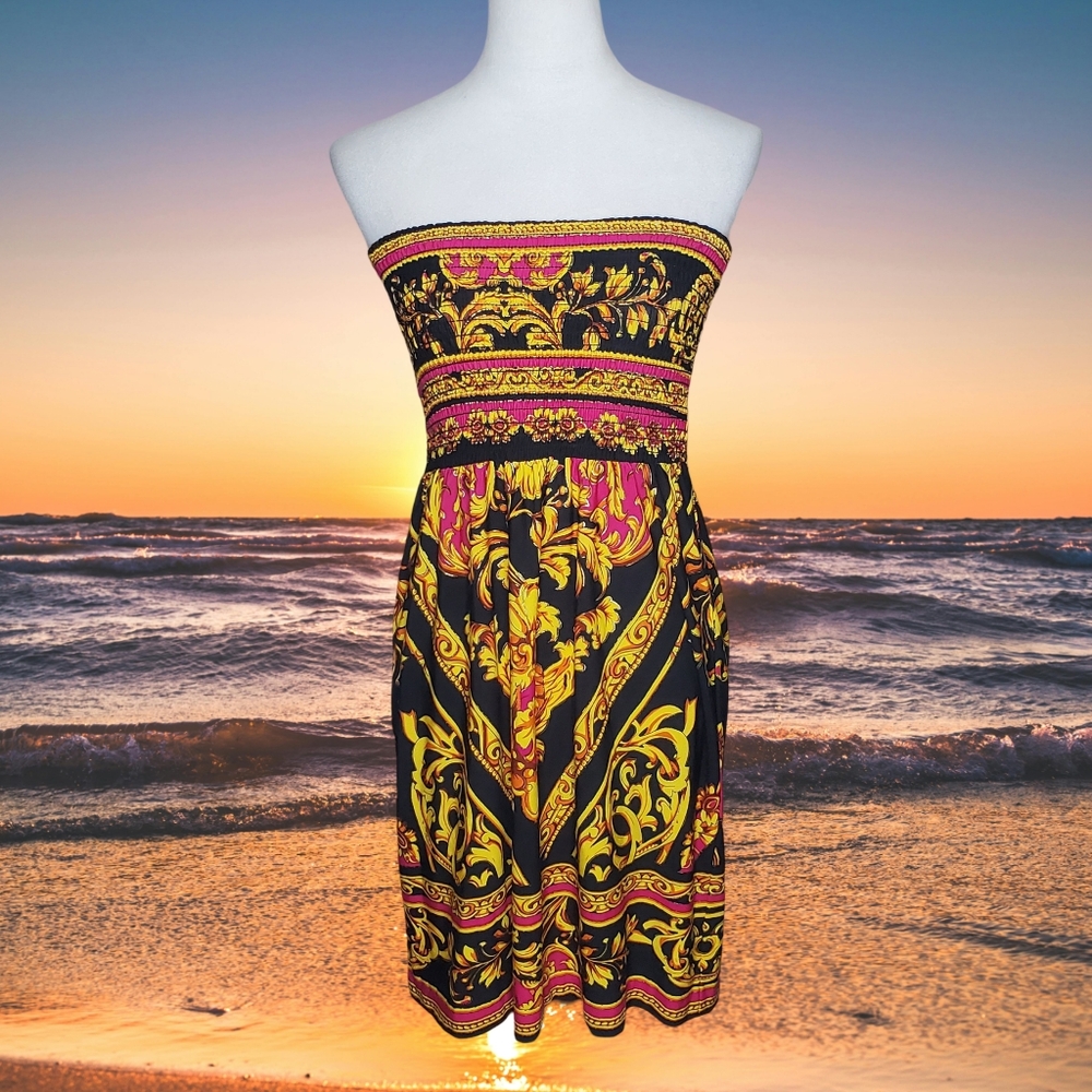 Cache Vintage 80's Vibrant Bold Print Strapless Dress